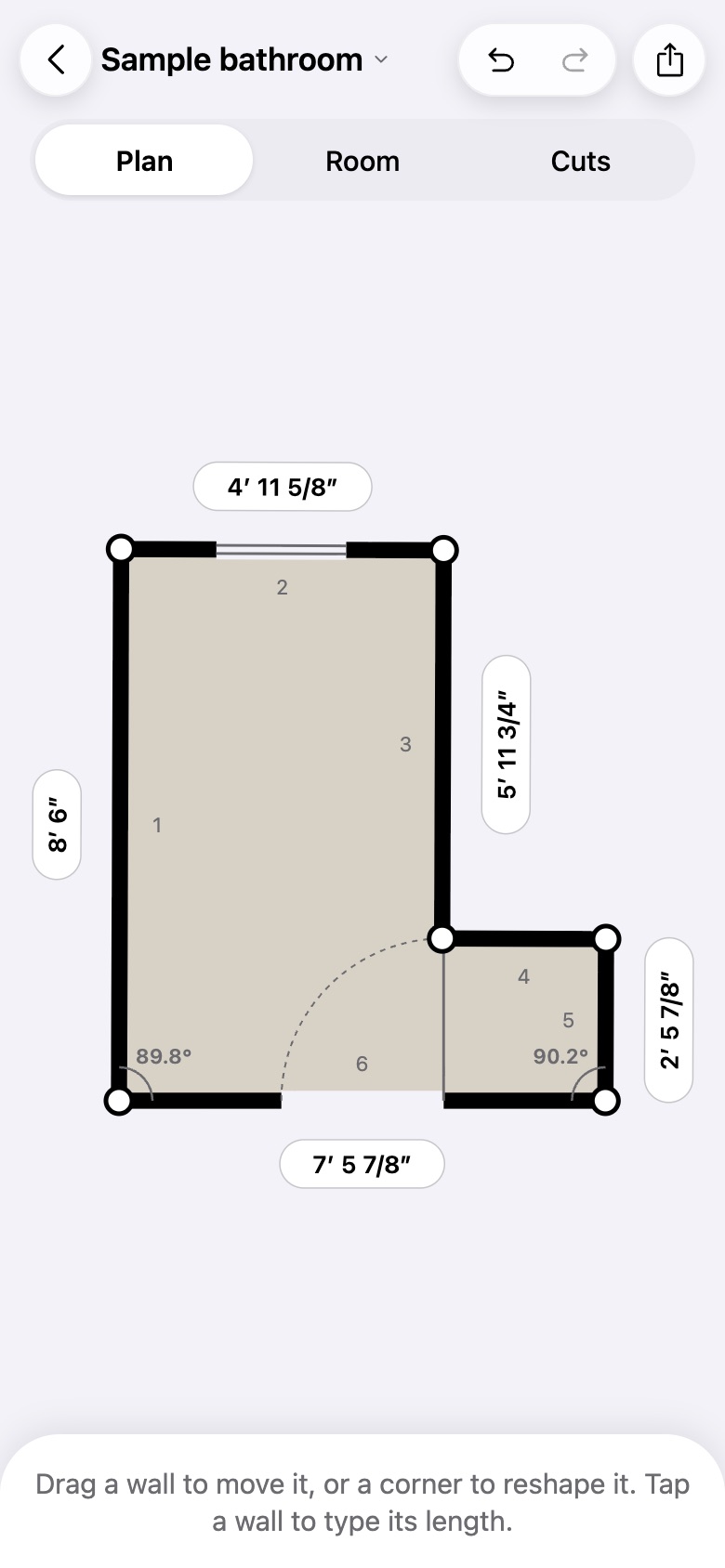 The floor plan of a bathroom with wall lengths