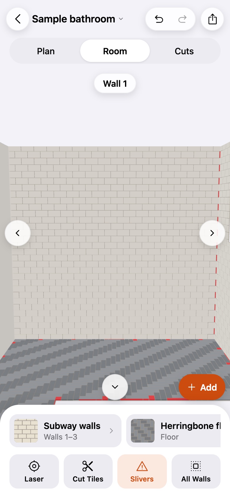 A 3D view of tiled walls and a herringbone floor